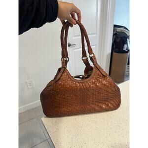 Cole Haan Bag Vintage Woven Genevieve Tote Triangle Rich Caramel Brown Leather